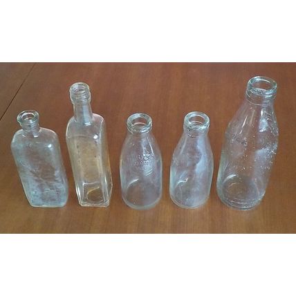 VINTAGE MEDICINE BOTTLE EMBOSSED LETTERING CALIBRATED 15 TABLE SPOONS + 4 OTHERS