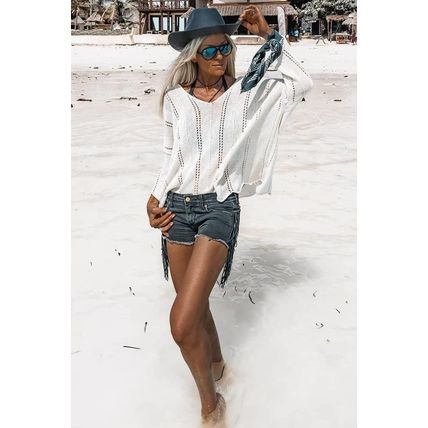 White Hollowed Detail Knitted Loose V Neck Sweater