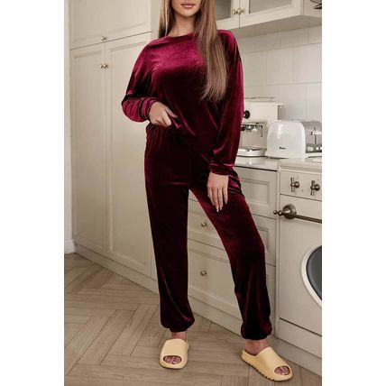 Fiery Red Solid Velvet Two Piece Lounge Set