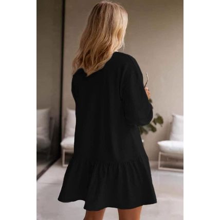 Black Solid Color Puff Sleeve Ruffle Hem Mini Dress