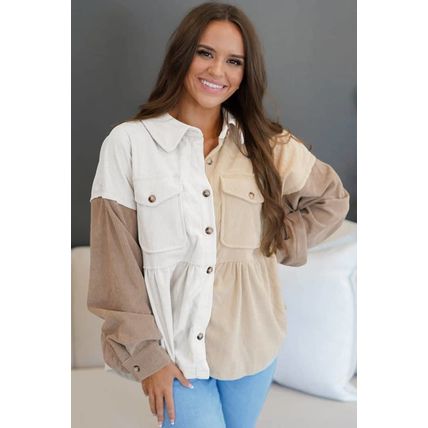 Khaki Corduroy Colorblock Button up Loose Shacket