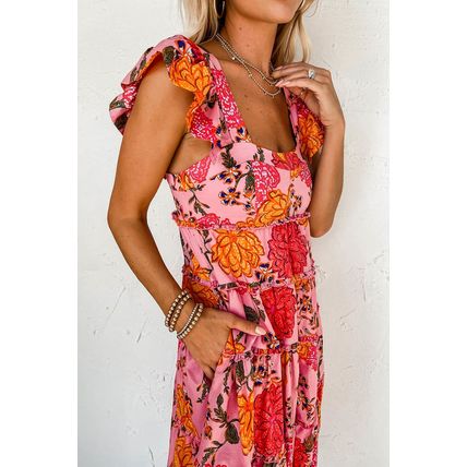 Pink Floral Square Neck Ruffled Flutter Sleeve Tiered Midi Dress