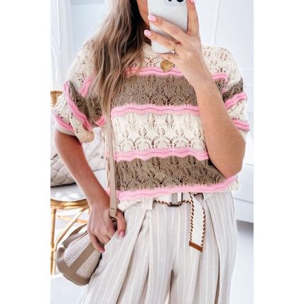 Brown Stripe Color Block Hollow Out Crochet Half Sleeve Sweater