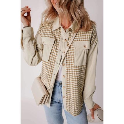 Parchment Houndstooth Corduroy Patchwork Flap Pocket Shacket