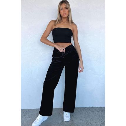 Black Solid Drawstring Waist Wide Leg Pants