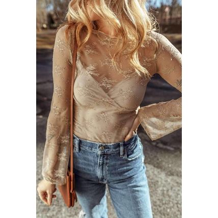 Apricot Lace Mesh Crochet Splicing Slim Fit Long Sleeve Blouse