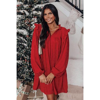 Fiery Red Textured Ruffled Trim V Neck Loose Fit Mini Dress