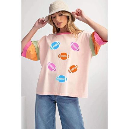 Pink Rugby Chenille Embroidered Color Block Half Sleeve T Shirt