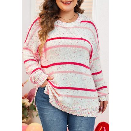 Pink Stripe Drop Shoulder Side Split Plus Size Sweater