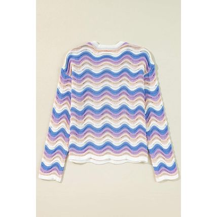 Purple Stripe Wavy Pointelle Knit Drop Shoulder Sweater