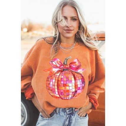 Orange Bow Pumpkin Graphic Crewneck Corded Thanksgiving Sweatshirt