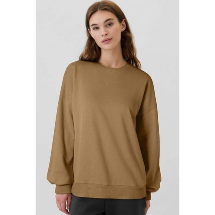 Camel Solid Fleece Lined Drop Shoulder High Low Sweatshirt