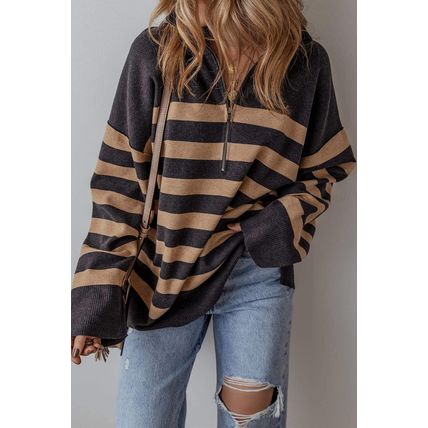 Black Stripe Collared Quarter Zipper Oversized Sweater