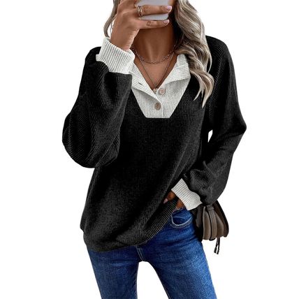 Black Color Contrast Ribbed Loose Fit Long Sleeve Top