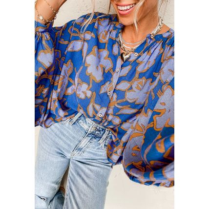 Blue Floral Print Batwing Sleeve Buttoned Loose Fit Shirt