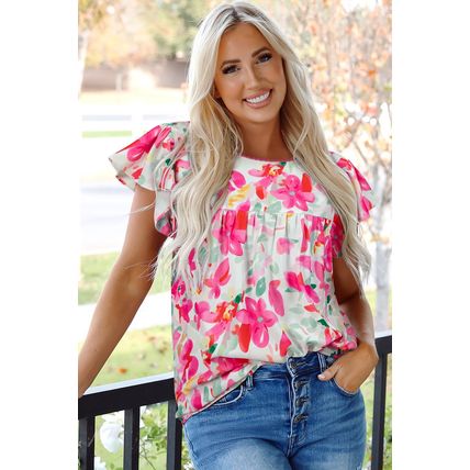 Rose Floral Print Flutter Sleeve Round Neck Casual Blouse