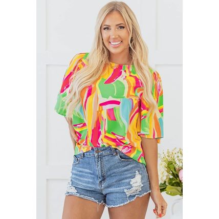Multicolour Abstract Print Keyhole Back Pleated Half Sleeve Blouse