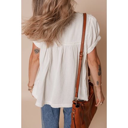 White Textured Short Sleeve Buttons Frayed Blouse