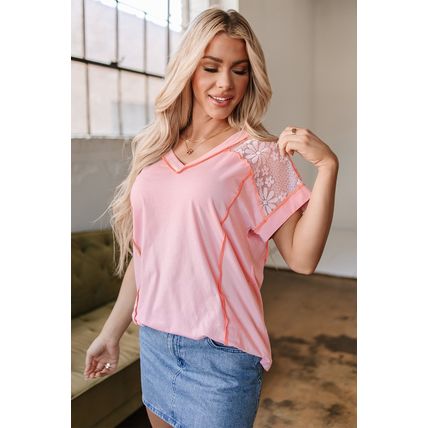 Light Pink Lace Patchwork Exposed Seam V Neck T Shirt