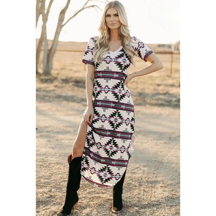 Beige Western Aztec Printed Long T-shirt Dress