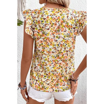 Green Floral Print Ruffled Sleeveless V Neck Tank Top