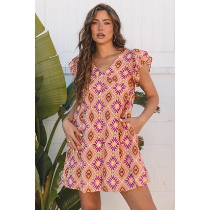 Orange Geometric Floral V Neck Buttoned Ruffled Sleeve Mini Dress
