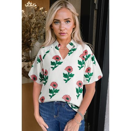 Beige Floral Print Shirred Split Neck Short Sleeve Blouse