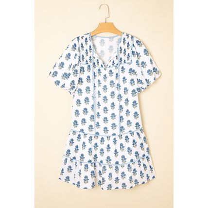 Sky Blue Floral Puff Sleeve Tied Neck Pocketed Mini Dress