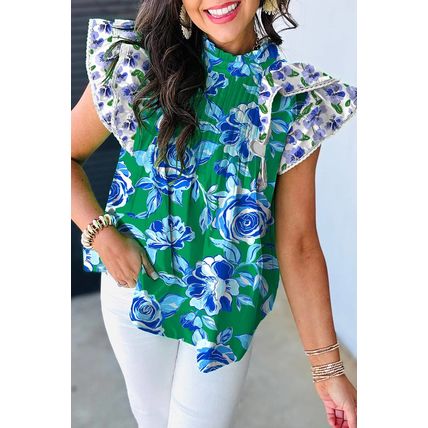 Green Floral Print Lace Trim Contrast Ruffle Sleeve Pleated Loose Blouse