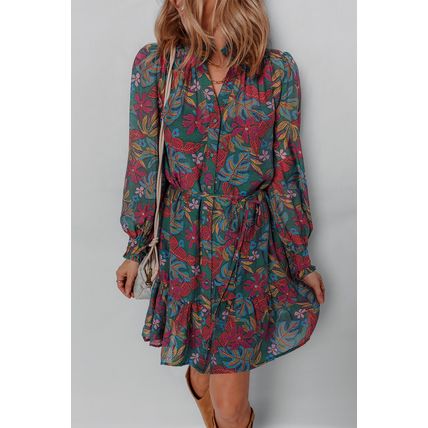 Green Floral Friled V Neck Puff Sleeve Ruffled Shirt Dress