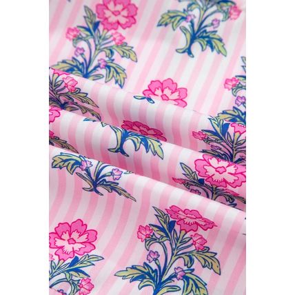 Rose Floral Striped Print Contrast Patchwork Ruffle Hem Blouse