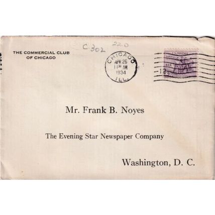 United States 1934 The Commercial Club Chicago ILL-Washington DC Cover typed VGC