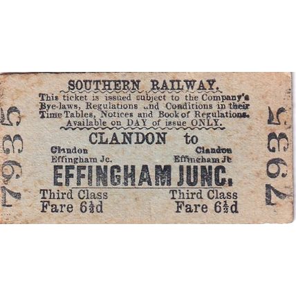 CLANDON - EFFINGHA JUNC 1935 Southern Railway Ticket SR 7935 Edmundson
