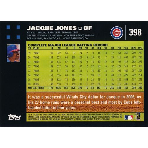 2007 Topps Baseball 398 Jacque Jones Chicago Cubs