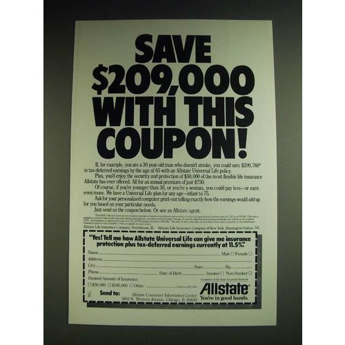 1984 Allstate Insurance Ad - Save $209,000 with this coupon