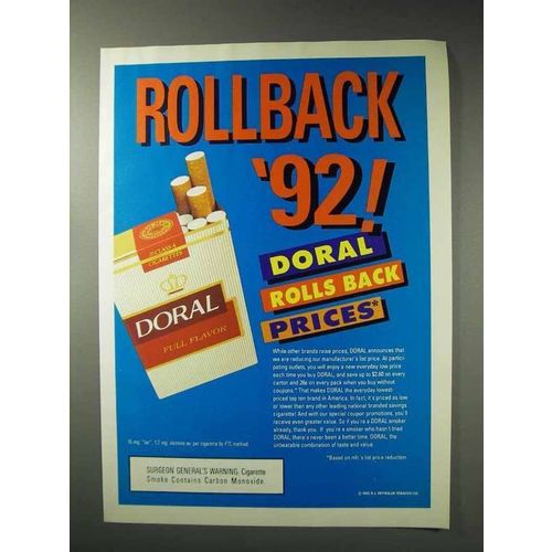 1992 Doral Cigarettes Ad - Rolls Back Prices