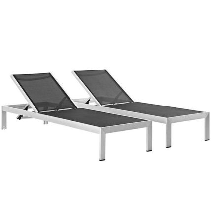 2 Outdoor Lounge Sun Chairs Black, White, Gray Textiline Mesh Brushed Aluminum