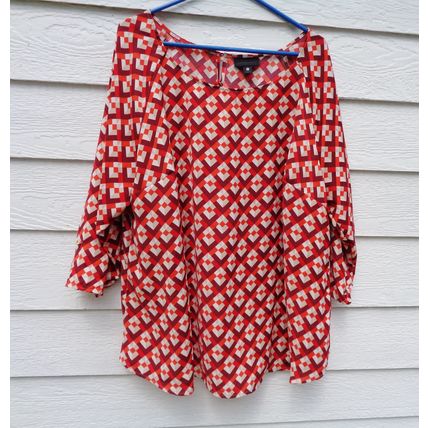 Womens Worthington 2X Reds Geometric Satin Tops Dressy Blouse