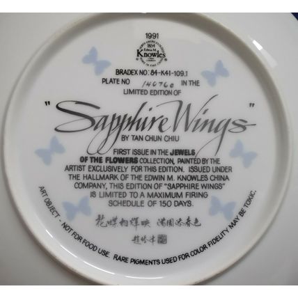 Knowles Jewels of the Flowers Sapphire Wings Fine China Plate by Tan Chun Chiu