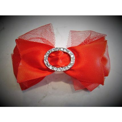 Red rockabilly shiny, lacy bow hair clip barrette with swarovski crystals