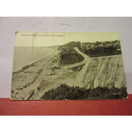 UNDERCLIFF WALK, ALUM CHINE, BOURNEMOUTH used antique postcard RP 1918 pm. =