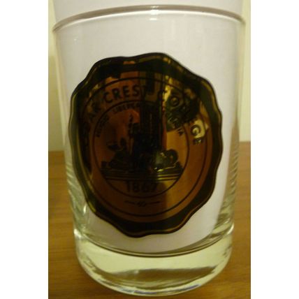 SET OF 2 CEDAR CREST COLLEGE PENNSYLVANIA GLASS WHISKEY TUMBLERS w OLD GOLD SEAL