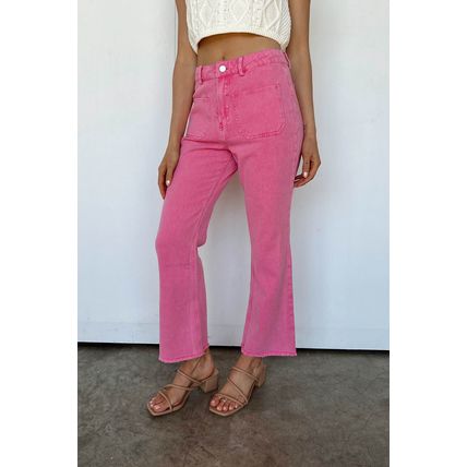 Pink Ankle-length Flare Leg Raw Hem Jeans