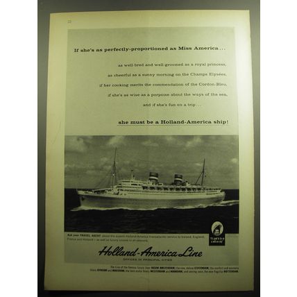 1958 Holland-America Line Cruise Ad - As perfectly-proportioned as Miss America