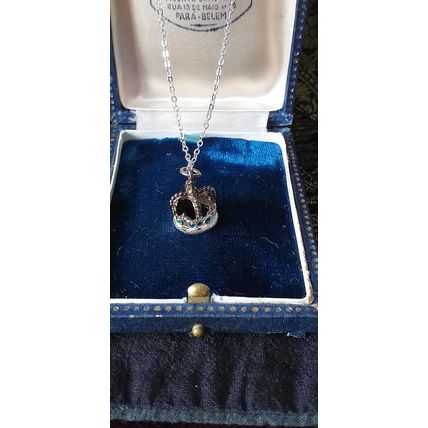 Antique Vintage 1950-s Sterling Silver Queen Crown Pendant on Chain - Hallmarks