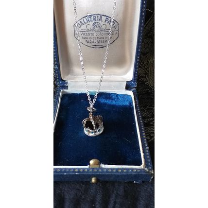 Antique Vintage 1950-s Sterling Silver Queen Crown Pendant on Chain - Hallmarks