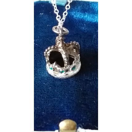 Antique Vintage 1950-s Sterling Silver Queen Crown Pendant on Chain - Hallmarks