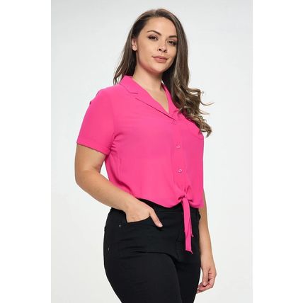 Plus Solid Chiffon Button Down Tie Front Short Sleeve Top