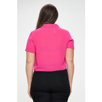 Plus Solid Chiffon Button Down Tie Front Short Sleeve Top