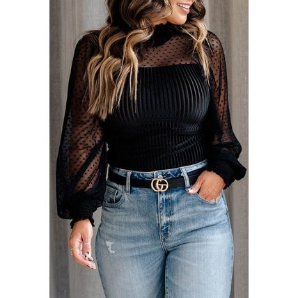 Black Sheer Dotty Long Sleeve Ribbed Velvet Bodysuit